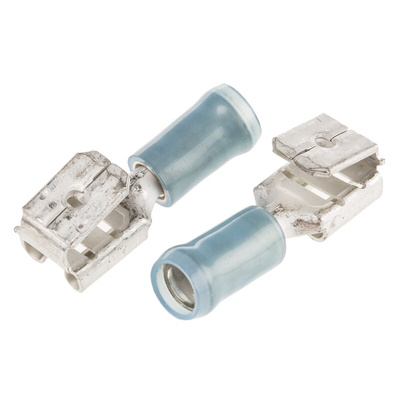 TE Connectivity PIDG FASTON .250 Blue Insulated Female Spade Connector, Piggyback Terminal, 6.35 x 0.81mm Tab Size,