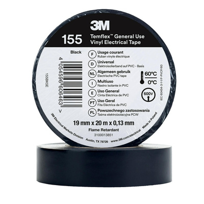 3M Temflex 155 Black Vinyl Electrical Tape, 19mm x 20m