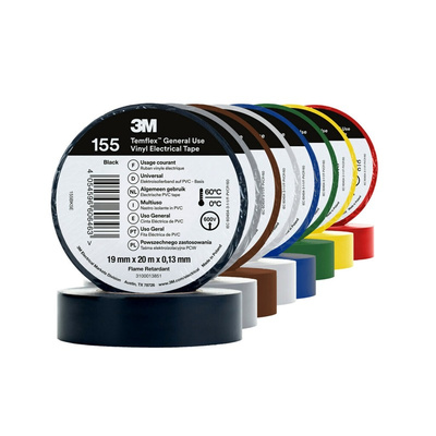 3M Temflex 155 Black, Blue, Brown, Green, Grey, Orange, Red, White, Yellow, Yellow/Green Vinyl Electrical Tape, 19mm x