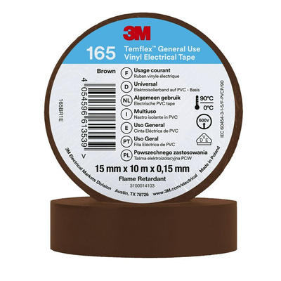 3M Temflex 165 Brown Vinyl Electrical Tape, 15mm x 10m