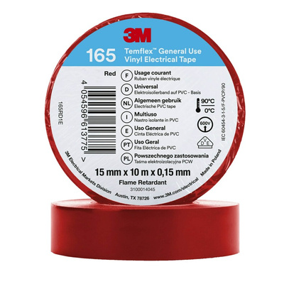 3M Temflex 165 Red Vinyl Electrical Tape, 15mm x 10m