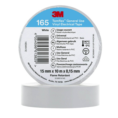 3M Temflex 165 White Vinyl Electrical Tape, 15mm x 10m