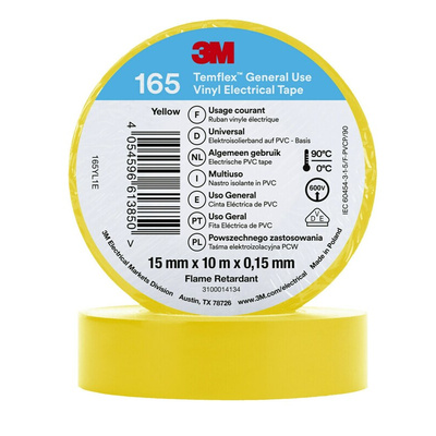 3M Temflex 165 Yellow Vinyl Electrical Tape, 15mm x 10m