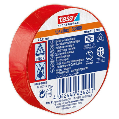 Tesa SPVC ELECTRICAL Red PVC Electrical Insulation Tape, 15mm x 10m