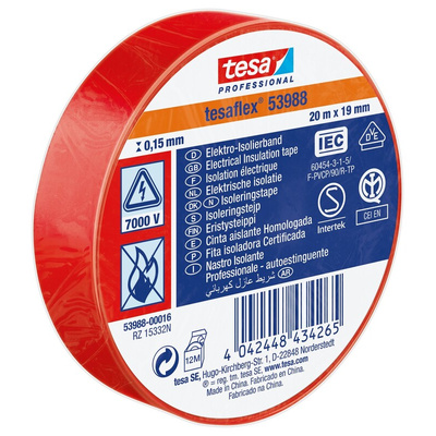 Tesa SPVC ELECTRICAL Red PVC Electrical Insulation Tape, 19mm x 20m