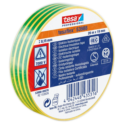 Tesa SPVC ELECTRICAL Green/Yellow PVC Electrical Insulation Tape, 19mm x 20m