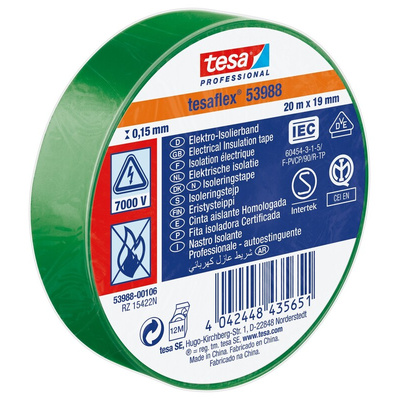 Tesa SPVC ELECTRICAL Green PVC Electrical Insulation Tape, 19mm x 20m