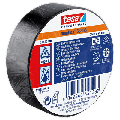 Tesa SPVC ELECTRICAL Black PVC Electrical Insulation Tape, 25mm x 25m
