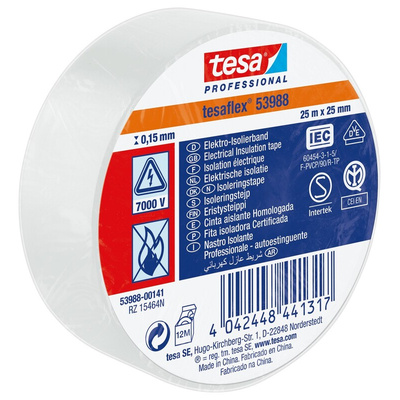 Tesa SPVC ELECTRICAL White PVC Electrical Insulation Tape, 25mm x 25m
