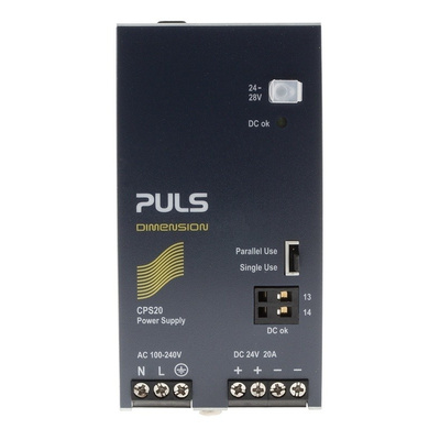 PULS DIMENSION C-Line DIN Rail Panel Mount Power Supply 100 → 240V ac Input Voltage, 24V dc Output Voltage, 20A