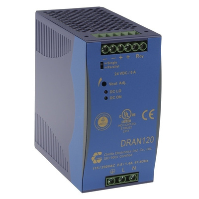 Chinfa DRAN120 Switch Mode DIN Rail Panel Mount Power Supply 90 → 264V ac Input Voltage, 24V dc Output Voltage,
