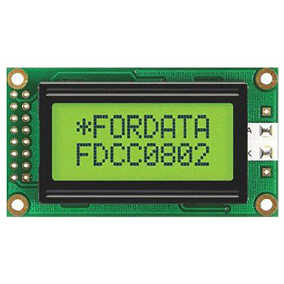 Fordata FC0802B00-FHYYBW-51SE FC Alphanumeric LCD Alphanumeric Display, Green, Yellow on Yellow-Green, 2 Rows by 8