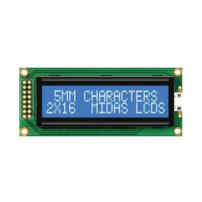 Midas MC21605B6WD-BNMLW-V2 B Alphanumeric LCD Display, Blue on White, 2 Rows by 16 Characters, Transmissive