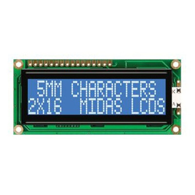 Midas MC21605G6WD-BNMLW-V2 G Alphanumeric LCD Display, Blue on White, 2 Rows by 16 Characters, Transmissive