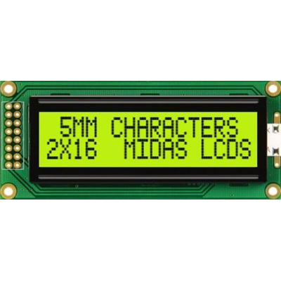 Midas MC21605B6WK-SPTLY-V2 Alphanumeric LCD Alphanumeric Display, 2 Rows by 16 Characters