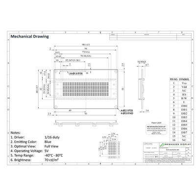 NEWHAVEN DISPLAY INTERNATIONAL Blue OLED Display Serial/Parallel Interface