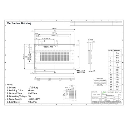 NEWHAVEN DISPLAY INTERNATIONAL Green OLED Display Serial/Parallel Interface