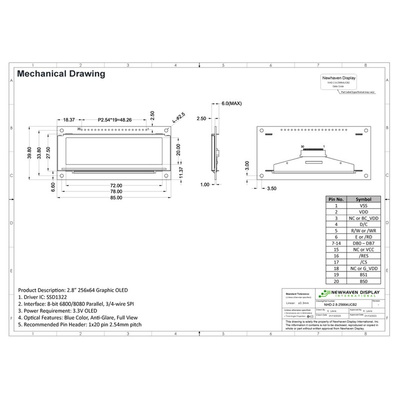 NEWHAVEN DISPLAY INTERNATIONAL 2.8in Blue OLED Display Serial/Parallel Interface