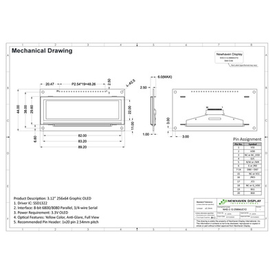 NEWHAVEN DISPLAY INTERNATIONAL 3.12in Yellow OLED Display Serial/Parallel Interface