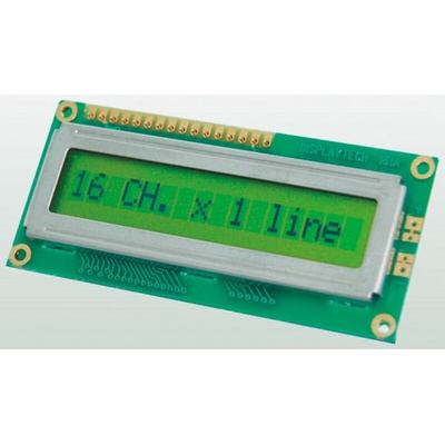 Displaytech 161A-BA-BC Alphanumeric LCD Display, Yellow on Green, 1 Row by 16 Characters, Reflective