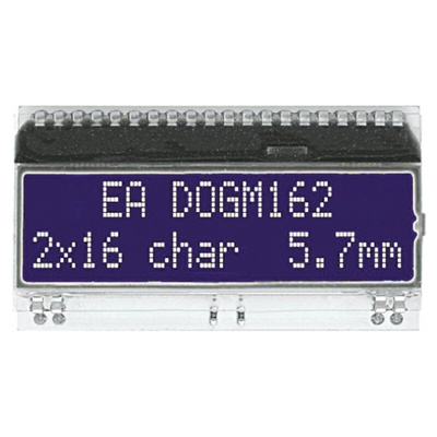 Display Visions EA DOGM162B-A Alphanumeric LCD Display, White, Yellow-Green on Blue, 2 Rows by 16 Characters,