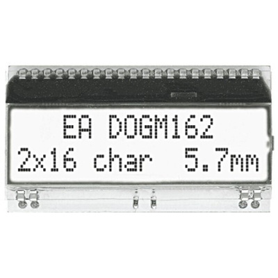 Display Visions EA DOGM162W-A Alphanumeric LCD Display, White on Black, 2 Rows by 16 Characters, Transflective