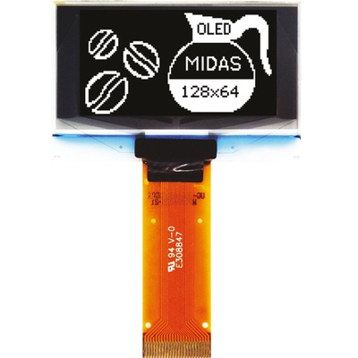 Midas 1.54in White Passive matrix OLED Display 128 x 64pixels TAB I2C, Parallel, SPI Interface