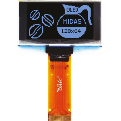 Midas 1.54in Blue Passive matrix OLED Display 128 x 64pixelek TAB I2C, Parallel, SPI Interface