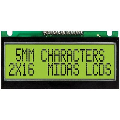 Midas MC21605F6WE-SPTLY F Alphanumeric LCD Display Yellow-Green, 2 Rows by 16 Characters, Transflective