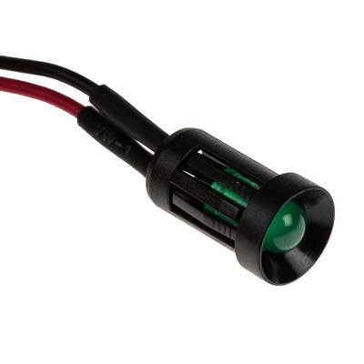 RS PRO Green Panel Mount Indicator, 12V dc, 8mm Mounting Hole Size, Lead Wires Termination