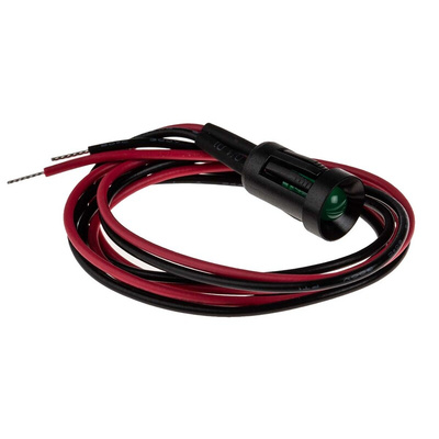 RS PRO Green Panel Mount Indicator, 12V dc, 8mm Mounting Hole Size, Lead Wires Termination