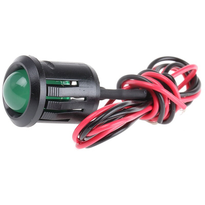 RS PRO Green Panel Mount Indicator, 12V dc, 14mm Mounting Hole Size, Lead Wires Termination
