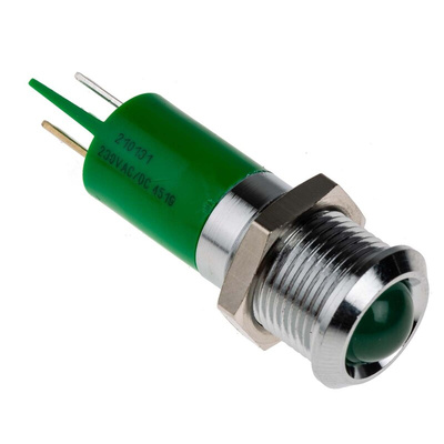 RS PRO Green Panel Mount Indicator, 230V ac, 14mm Mounting Hole Size, IP67