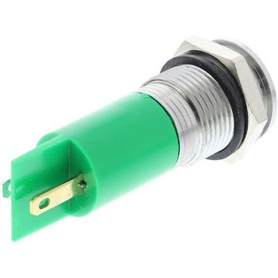 RS PRO Green Panel Mount Indicator, 240V, 14.5mm Mounting Hole Size, Solder Tab Termination, IP40