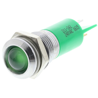 RS PRO Green Panel Mount Indicator, 240V, 14.5mm Mounting Hole Size, Solder Tab Termination, IP40