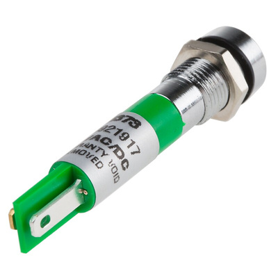 RS PRO Green Panel Mount Indicator, 12V, 8mm Mounting Hole Size, Solder Tab Termination, IP67