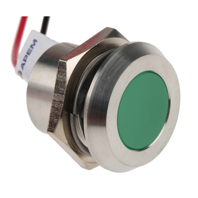 RS PRO Green Panel Mount Indicator, 24V dc, 22mm Mounting Hole Size, Lead Wires Termination, IP67