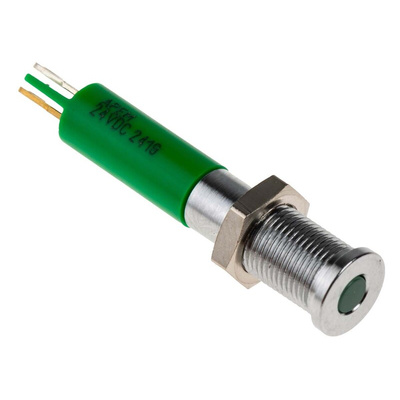 RS PRO Green Panel Mount Indicator, 24V dc, 6mm Mounting Hole Size, Solder Tab Termination, IP67