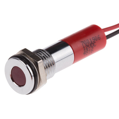 RS PRO Red Panel Mount Indicator, 12V dc, 8mm Mounting Hole Size, Lead Wires Termination, IP67