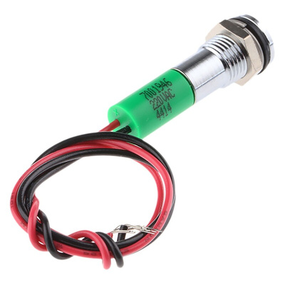 RS PRO Green Panel Mount Indicator, 220V ac, 8mm Mounting Hole Size, Lead Wires Termination, IP67