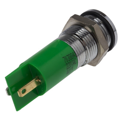RS PRO Green Panel Mount Indicator, 220V ac, 14mm Mounting Hole Size, Solder Tab Termination, IP67