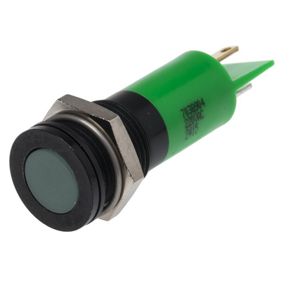 RS PRO Green Panel Mount Indicator, 220V ac, 14mm Mounting Hole Size, Solder Tab Termination, IP67