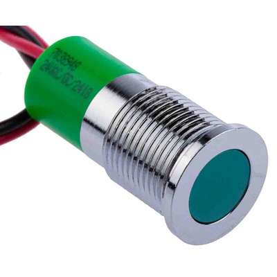 RS PRO Green Panel Mount Indicator, 24V dc, 14mm Mounting Hole Size, Lead Wires Termination, IP67