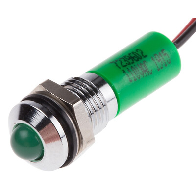 RS PRO Green Panel Mount Indicator, 110V ac, 8mm Mounting Hole Size, Lead Wires Termination, IP67