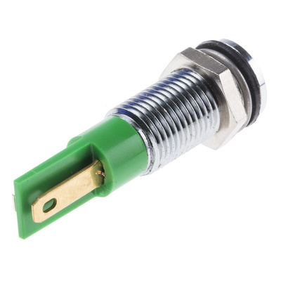 RS PRO Green Panel Mount Indicator, 24V dc, 8mm Mounting Hole Size, Faston, Solder Lug Termination, IP67