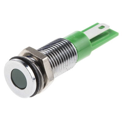 RS PRO Green Panel Mount Indicator, 24V dc, 8mm Mounting Hole Size, Faston, Solder Lug Termination, IP67