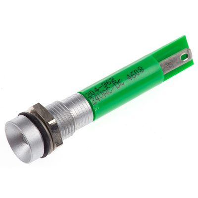 RS PRO Green Panel Mount Indicator, 24V ac/dc, 8mm Mounting Hole Size, Solder Tab Termination, IP67