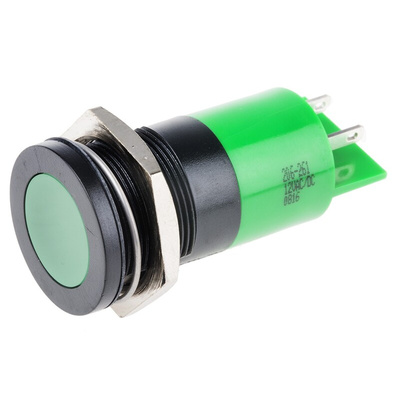 RS PRO Green Panel Mount Indicator, 12V ac/dc, 22mm Mounting Hole Size, Solder Tab Termination