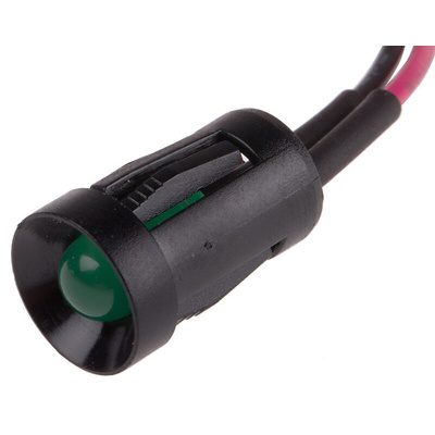 RS PRO Green Panel Mount Indicator, 2V dc, 8mm Mounting Hole Size, Lead Wires Termination