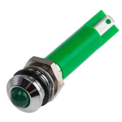 RS PRO Green Panel Mount Indicator, 12V dc, 8mm Mounting Hole Size, Solder Tab Termination, IP67